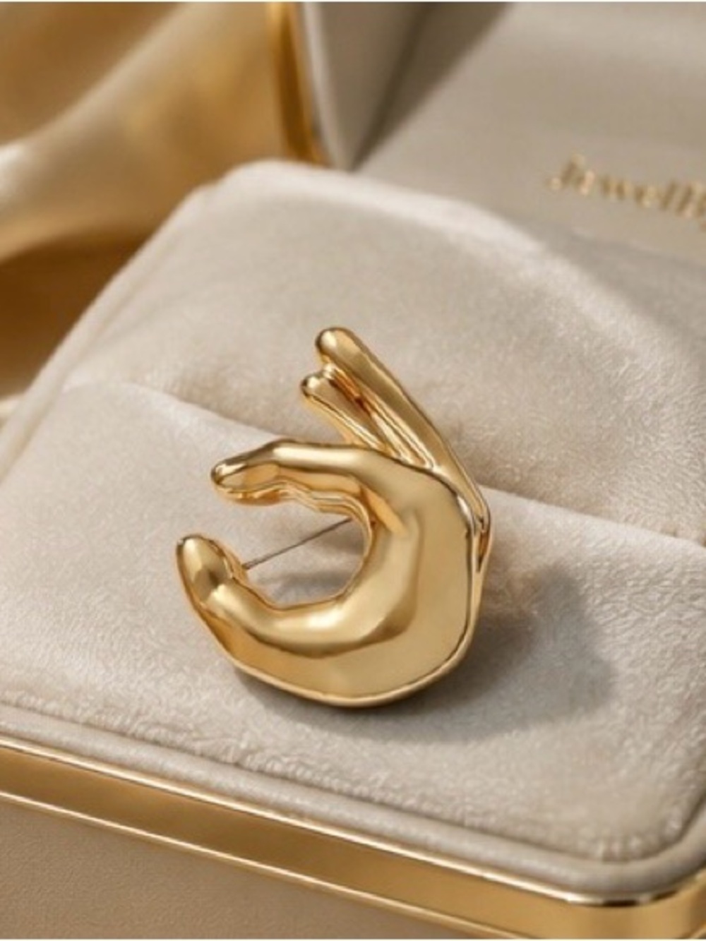 Sculptural Golden Hand Brooch Surrealist Couture Jewelry